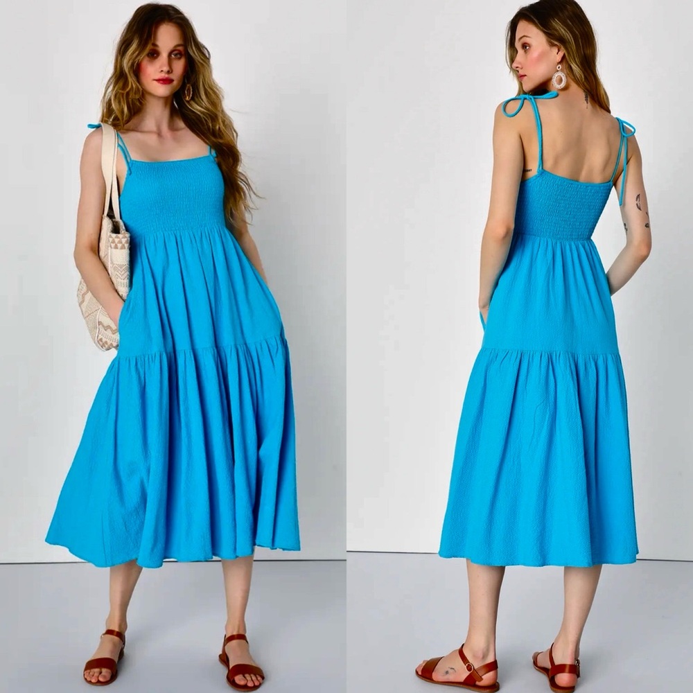 LULU’S Effortlessly Simple Smocked Teal Blue Tie-Strap Midi Dress With P…